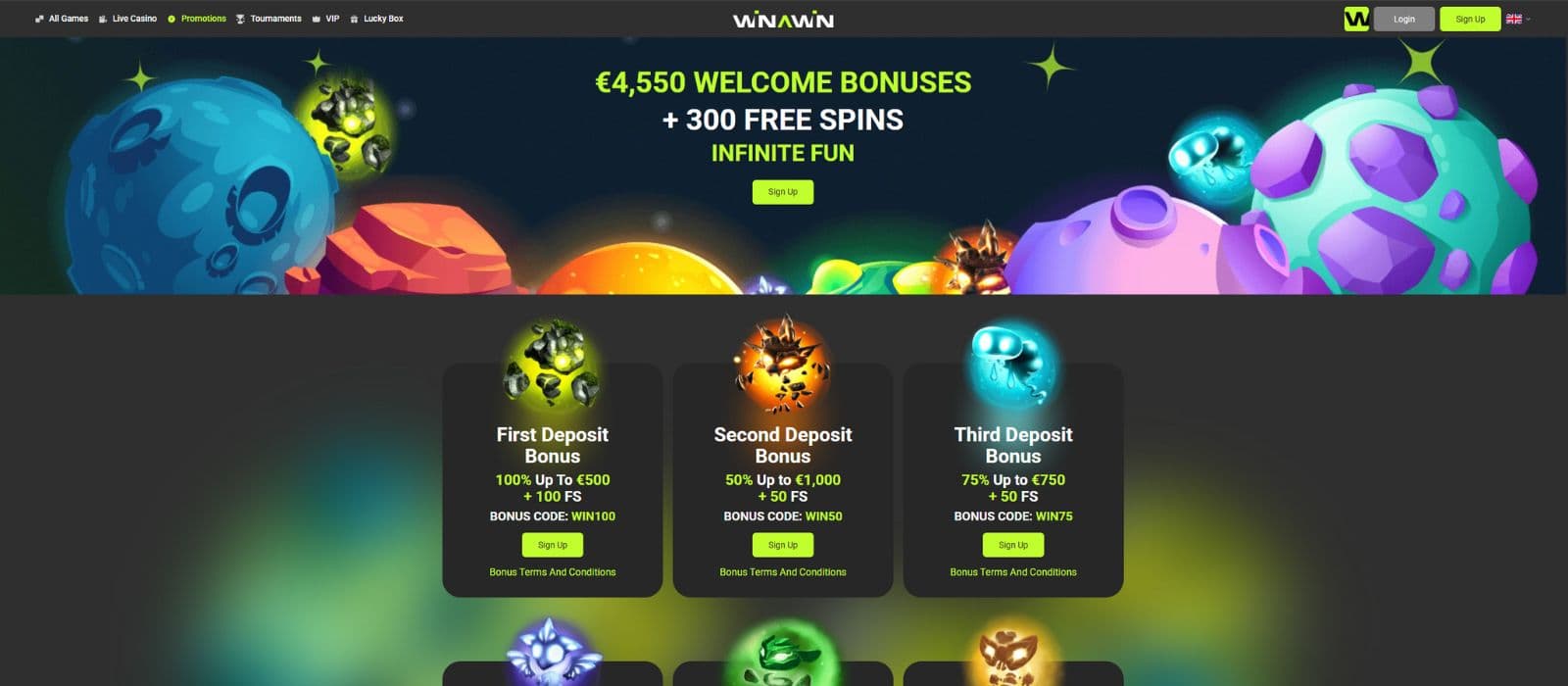 WinaWin promotions page showing the available welcome offers and other promotions