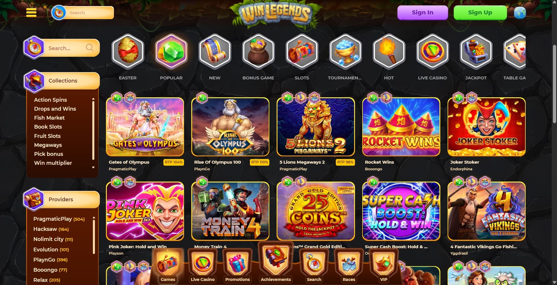 WinLegends Casino games page with slot titles under Easter, popular, bonus game, live casino categories