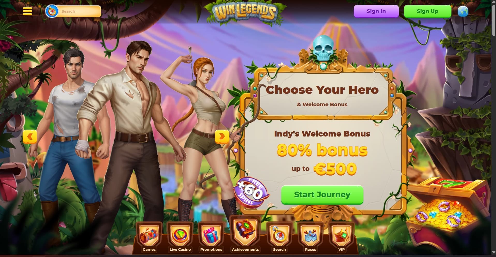 WinLegends Casino landing page with Lara, Ben and Indy Characters prompting user to choose type of welcome bonus
