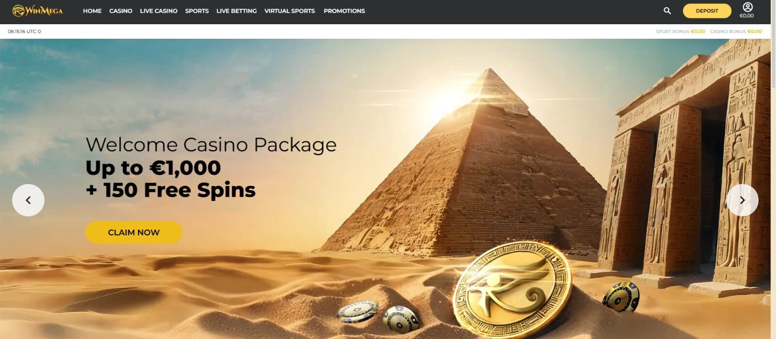 WinMega casino's landing page shows the welcome bonus of up to €1,000 plus 150 free spins.