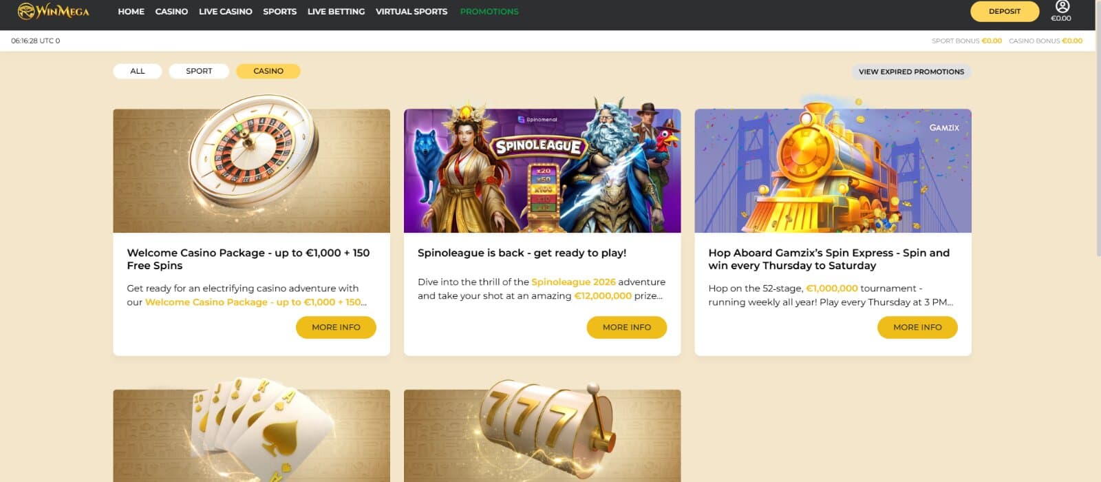 WinMega Casino's promotions page displays the welcome package and the tournaments.