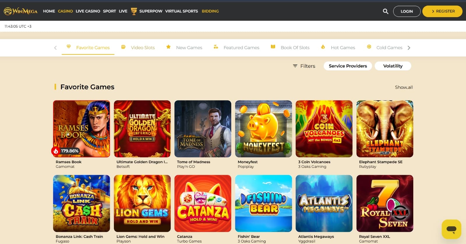 WinMega casino games page with slot titles under game category and provider filter