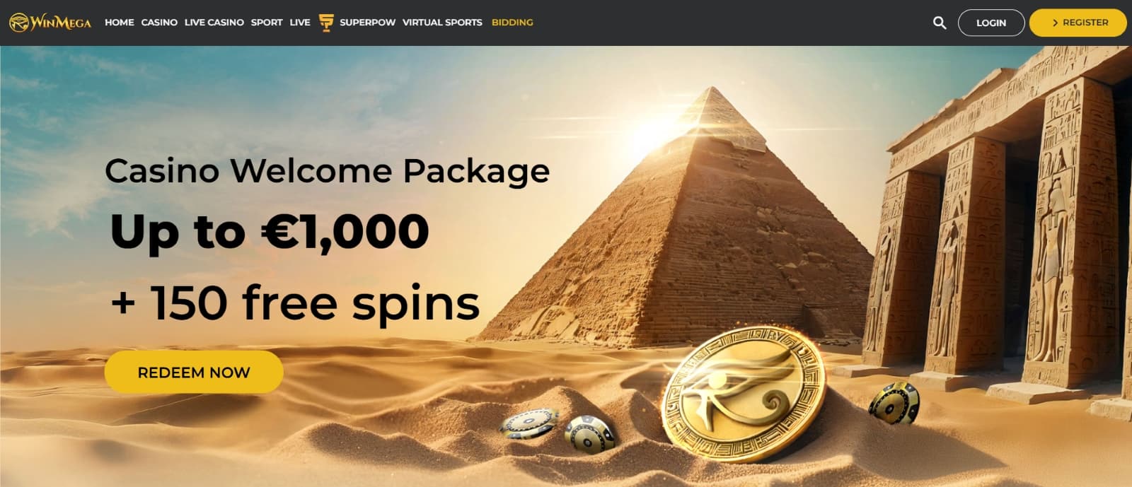 WinMega casino landing page with 1000 eur welcome bonus over image of pyramid and Egyptian temple