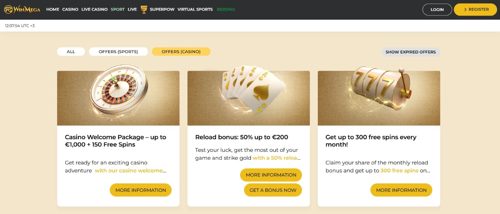 WinMega casino promotions page with welcome bonus, reload bonus ad 300 free spins on images with golden cards, reels and roulette wheel