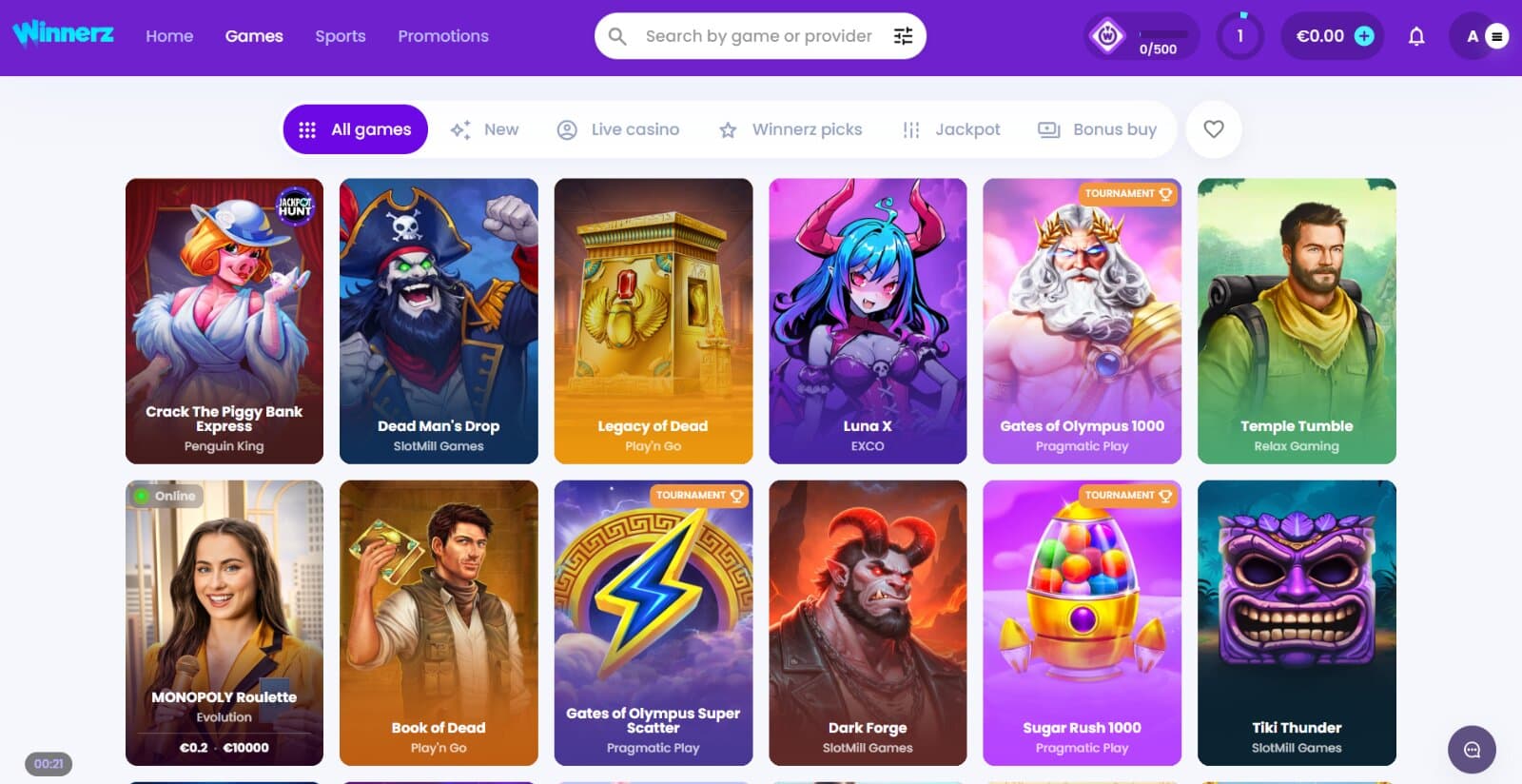 Winnerz Casino Games Page showing slot titles including Gates of Olympus, Book of Ra Deluxe, Sweet Bonanza, and Royalty of Olympus