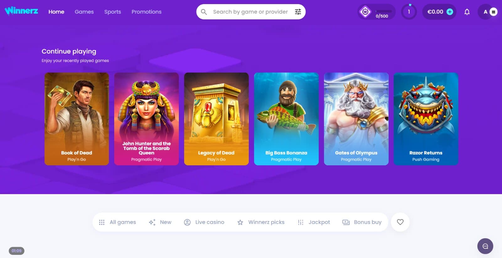 Winnerz Casino Landing Page showing recently played games including Ramses Book, Legacy of Dead, Razor Shark, Big Bass Bonanza, and Sweet Bonanza.
