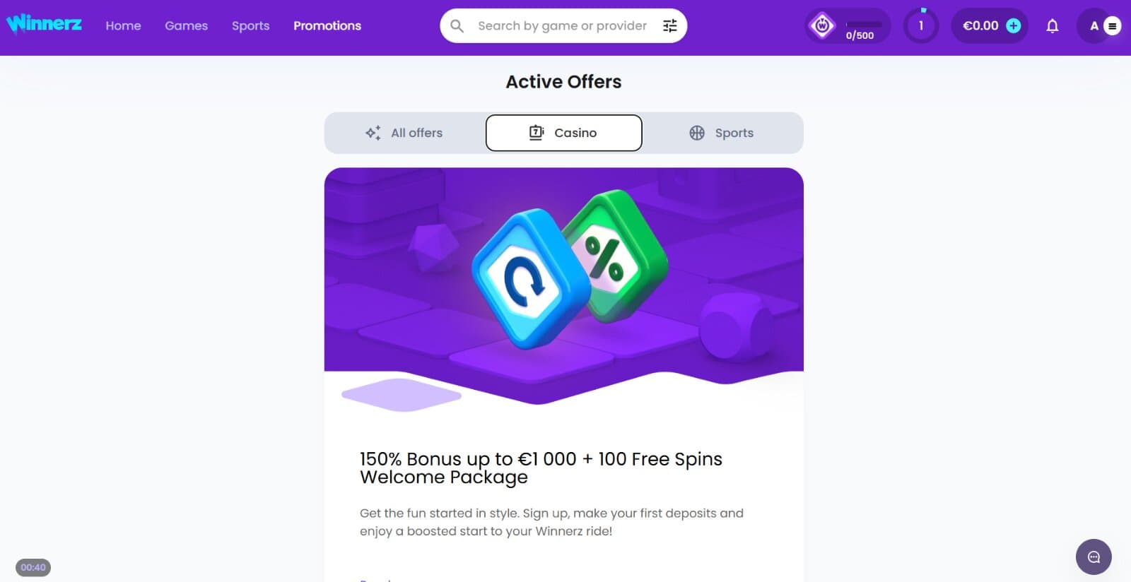 Winnerz Casino Promotions Page showing the welcome package of 150% up to €1,000 plus 100 free spins.