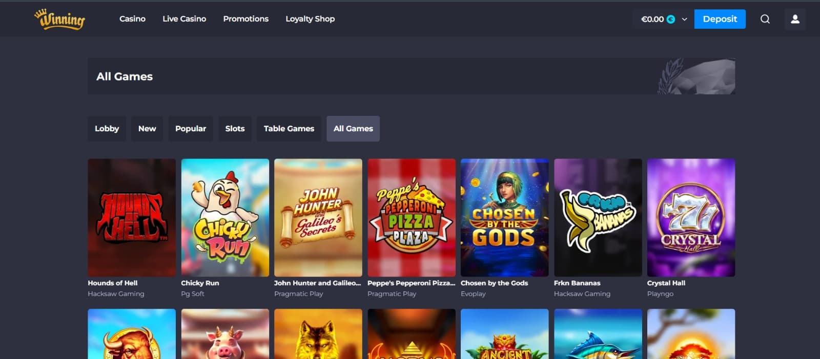 Winning.io Casino all games section with Hounds of Hell and Chick Run slots