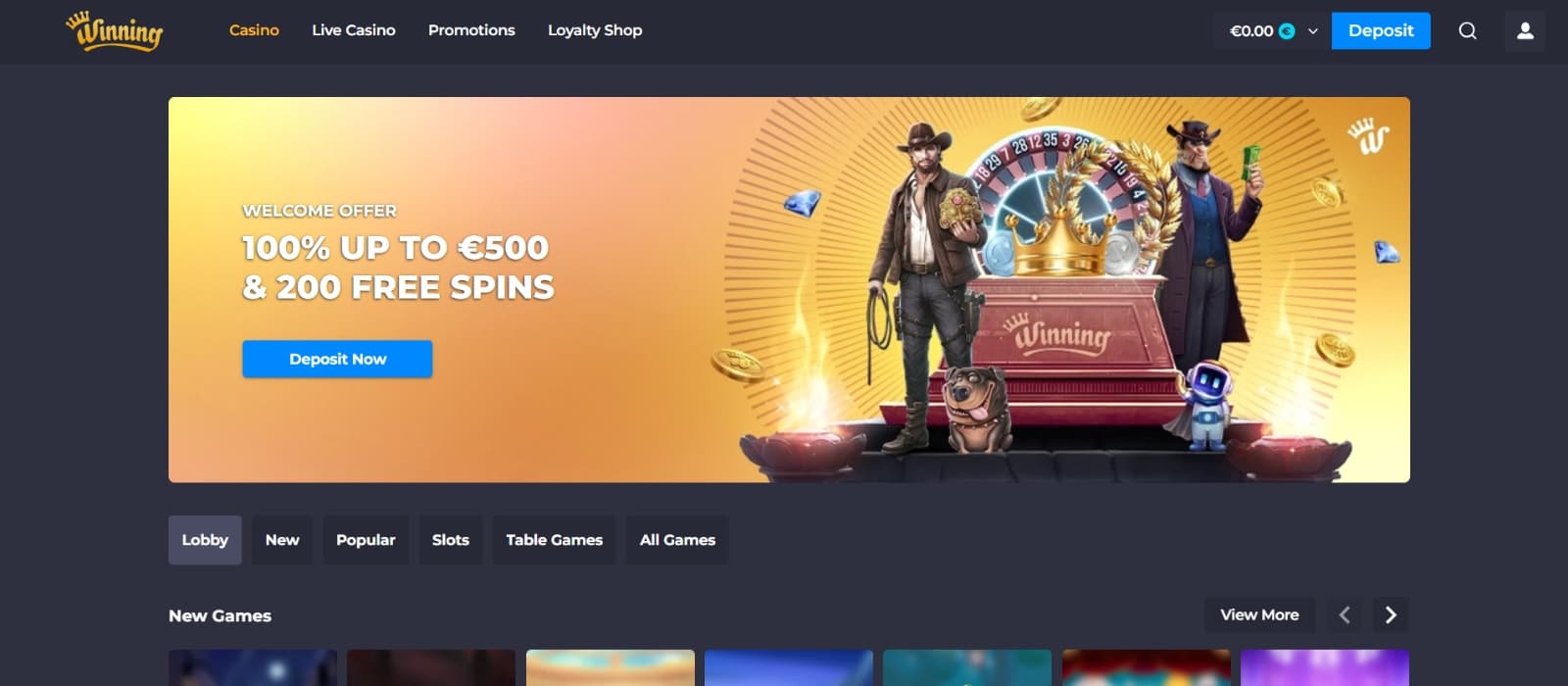 Winning.io casino landing page with Welcome offer banner and lobby tabs