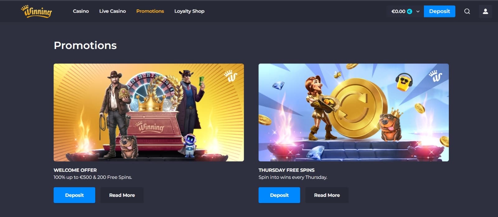 Winning.io Casino promotins page with welcome bonus and Thursday free spins promo