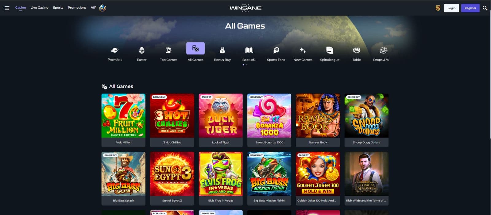 Winsane Casino games page showing a selection of slots and the different game categories on top