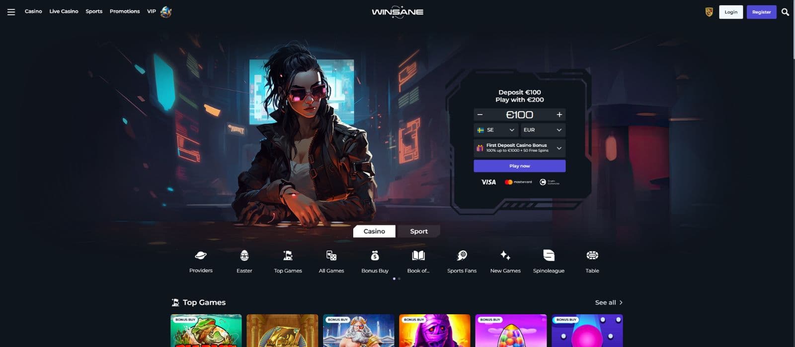Winsane Casino landing page showing the registration form and the main menu in the left top corner