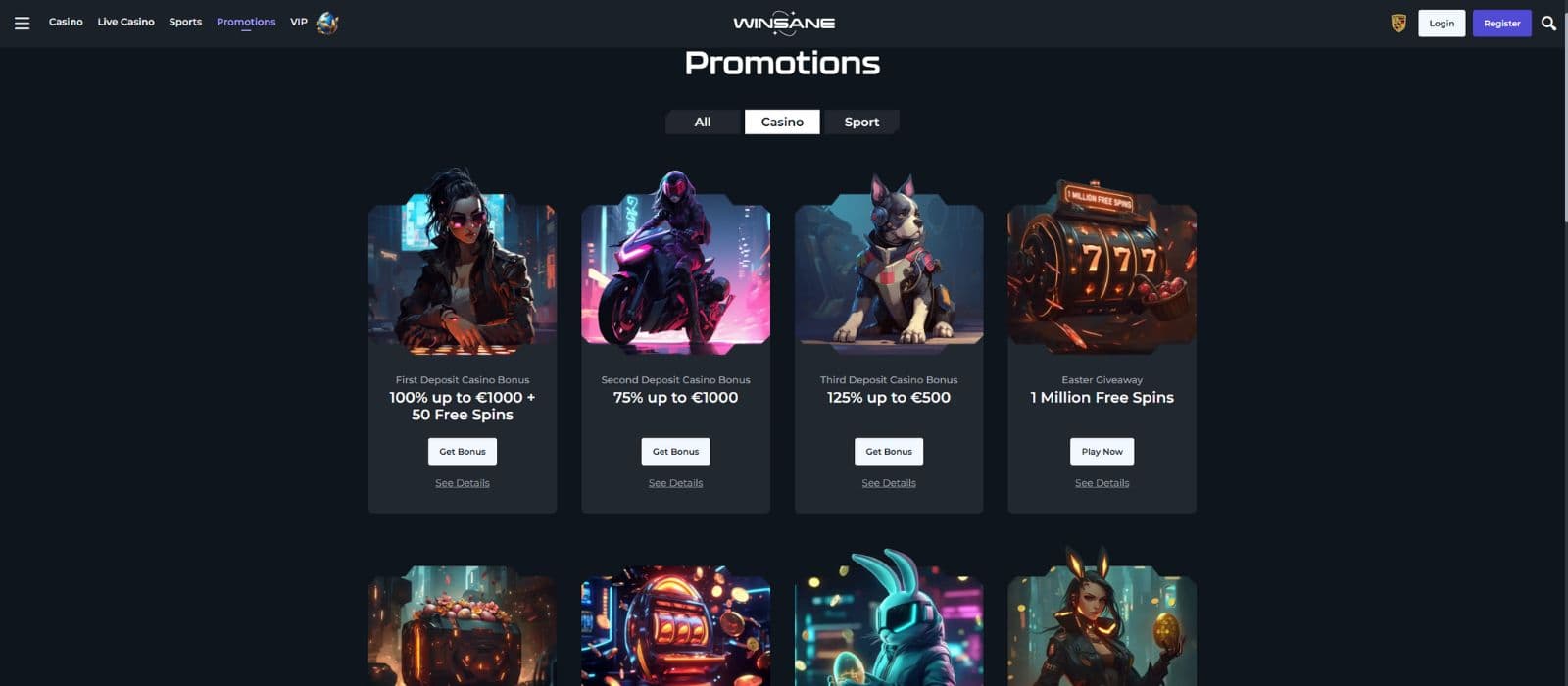 Winsane Casino promotions page showing the different bonuses and welcome offers