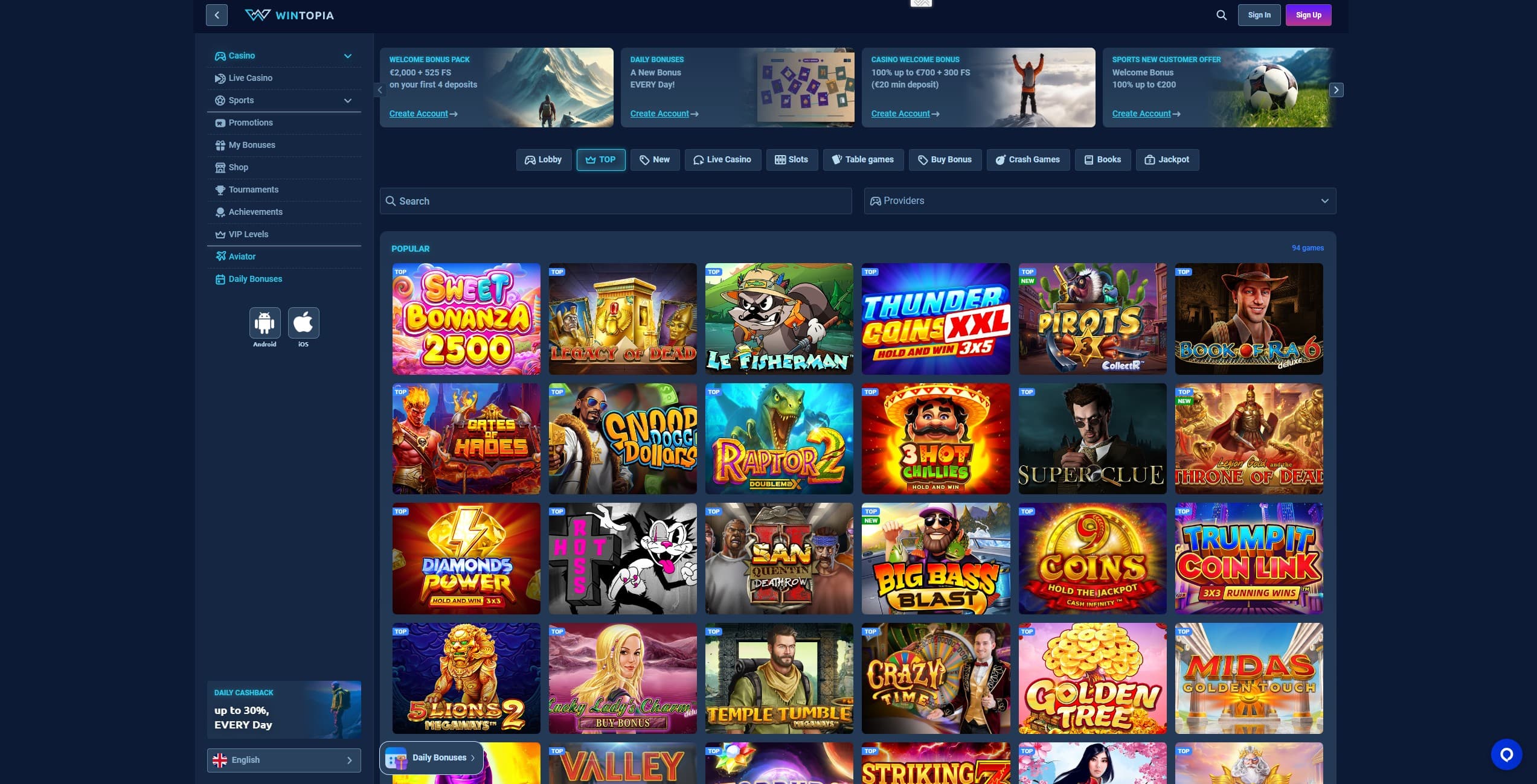 Wintopia Casino Games Page showcasing a selection of slot games