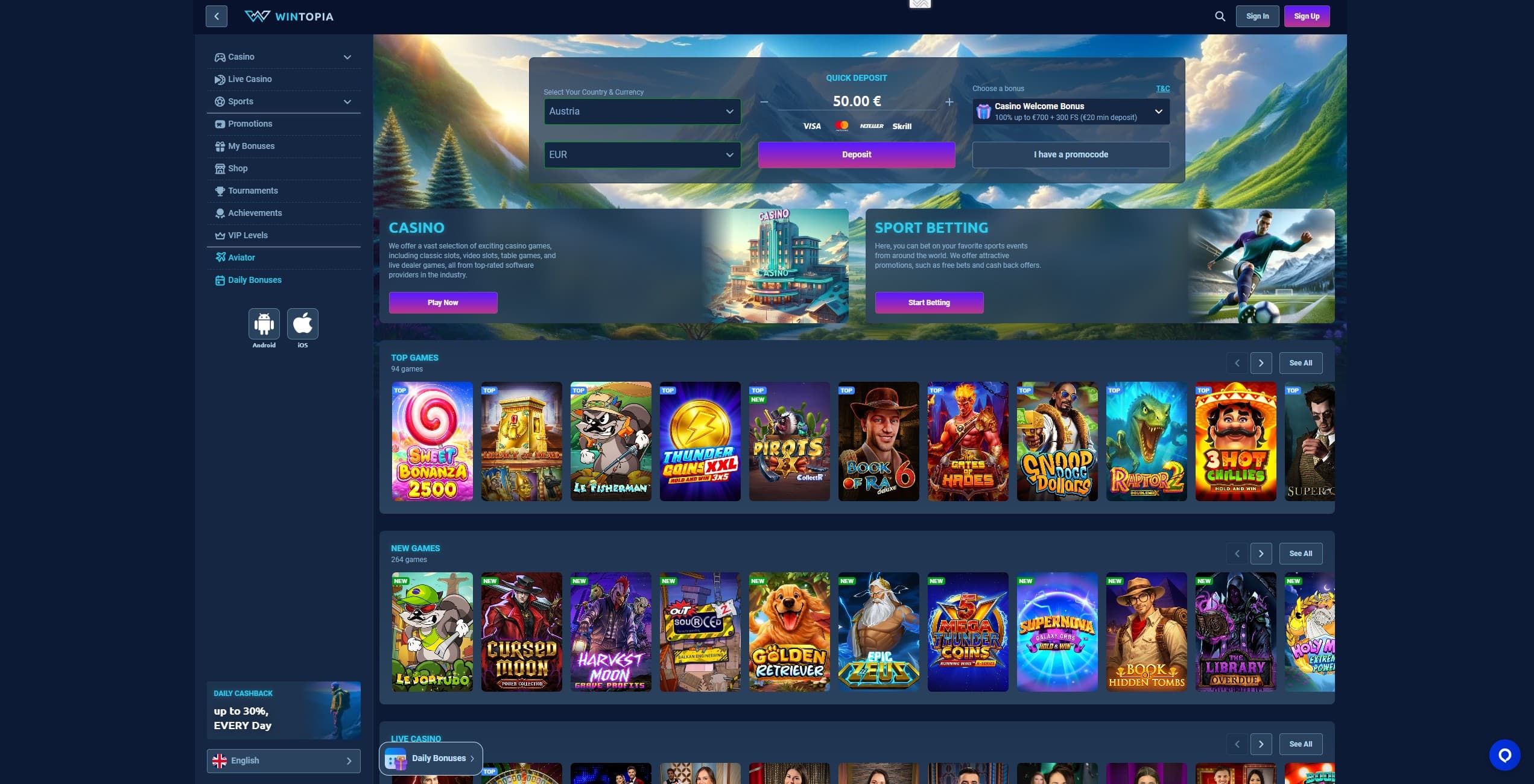Wintopia Casino Landing Page showing a selection of games and a deposit option