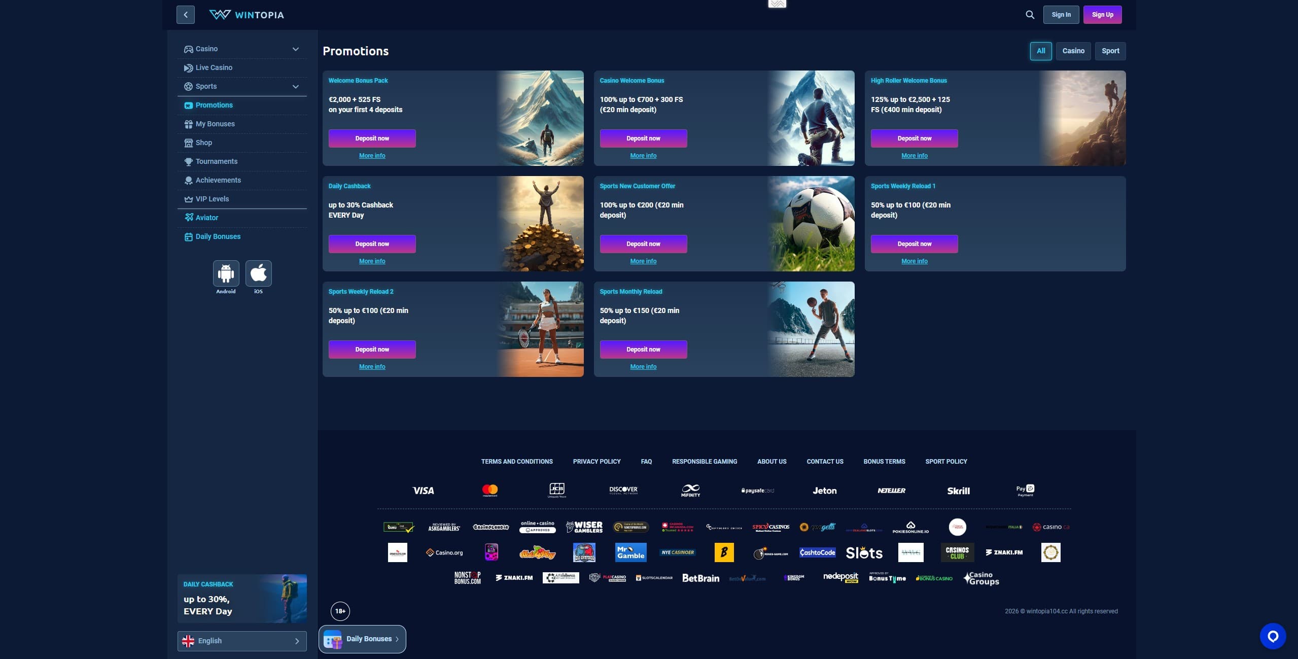 Wintopia Casino Promotions Page showing the available bonuses and promotions