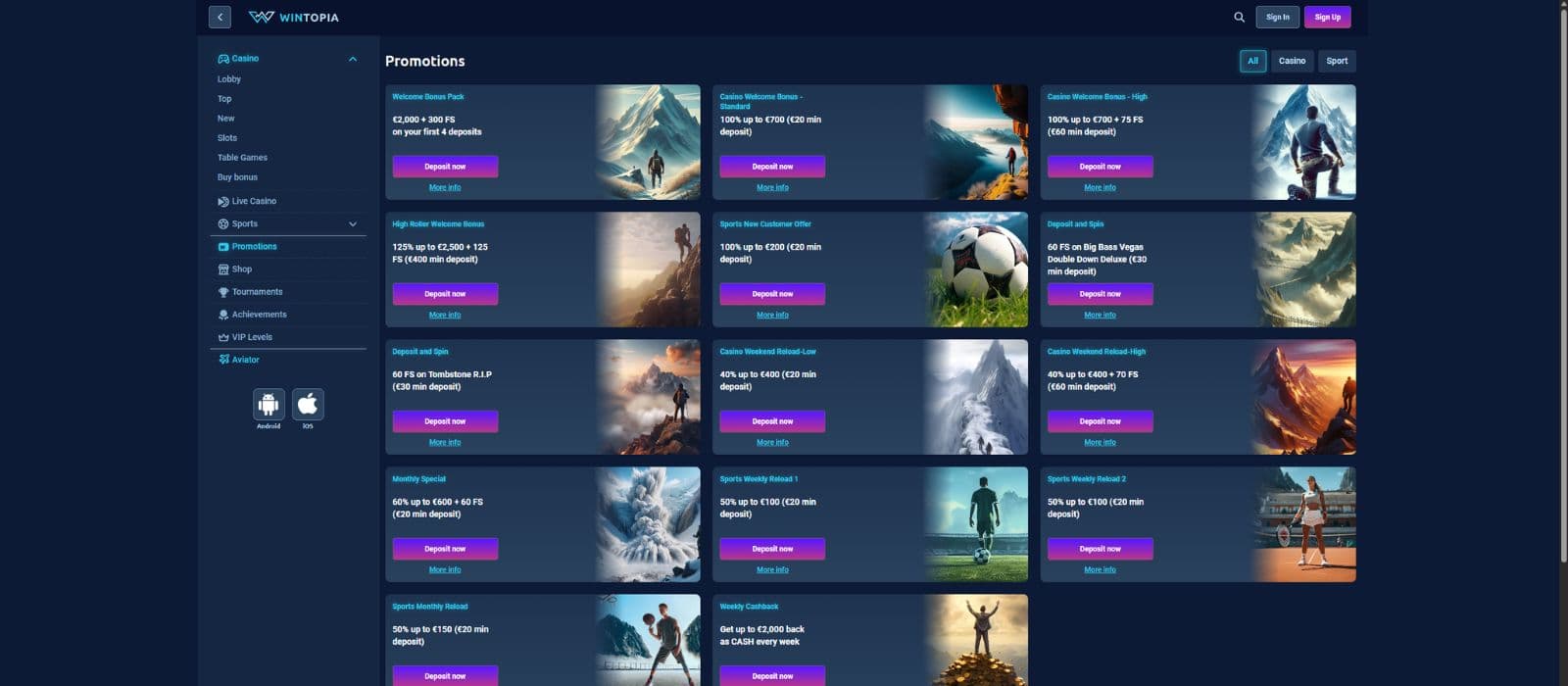 Wintopia Casino promotions page with all available casino and sports betting promotions.