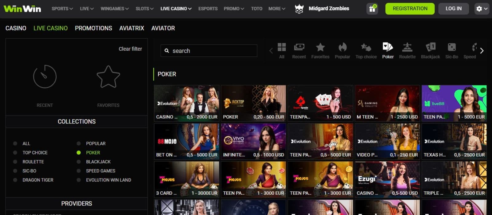 WinWin Casino's live games section, showing variations of poker.