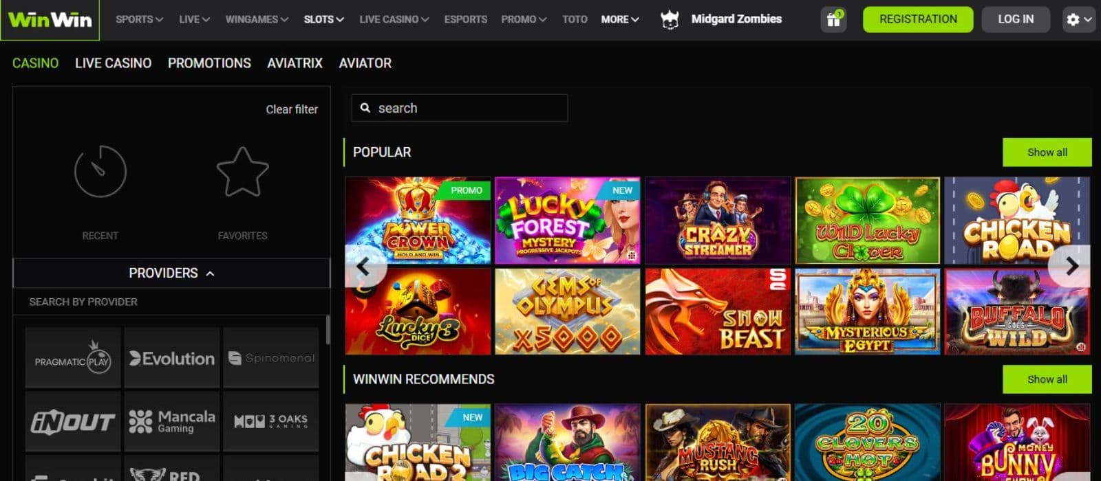 WinWin Casino's homepage showing a horizontal menu and popular slots on the site.