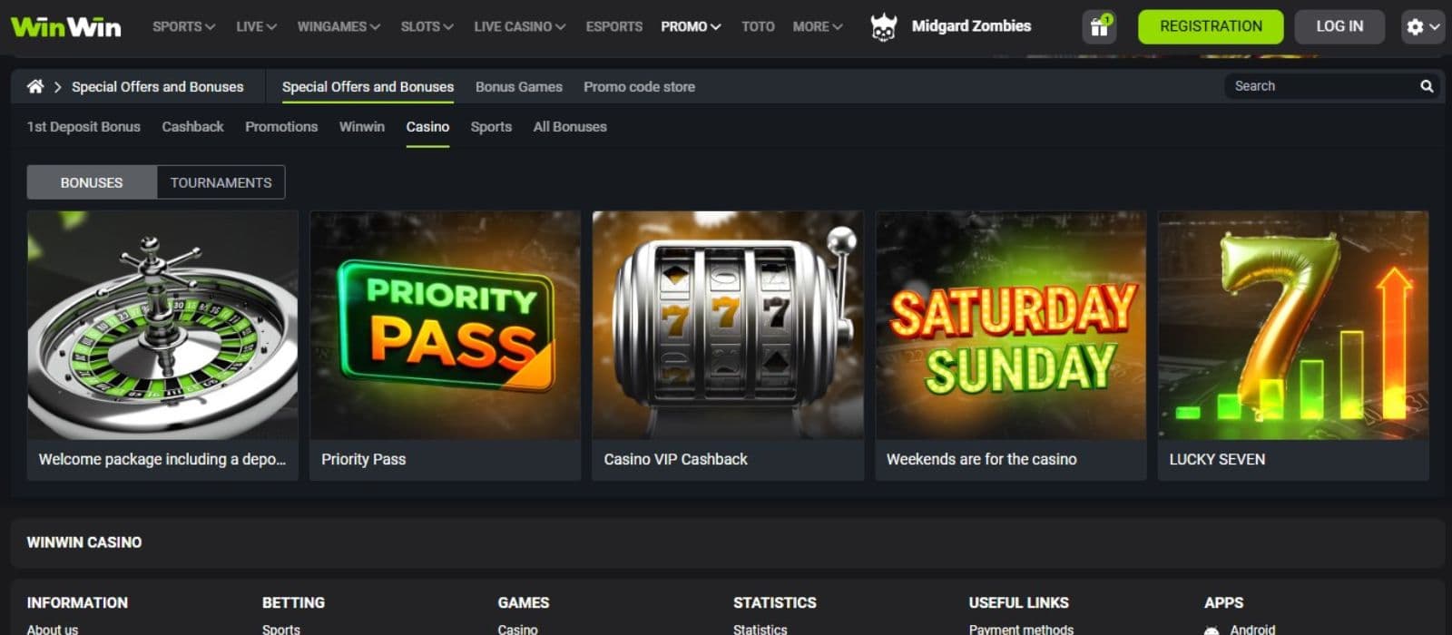 WinWin Casino's promotions page, showing the welcome bonus and other exciting promotions.