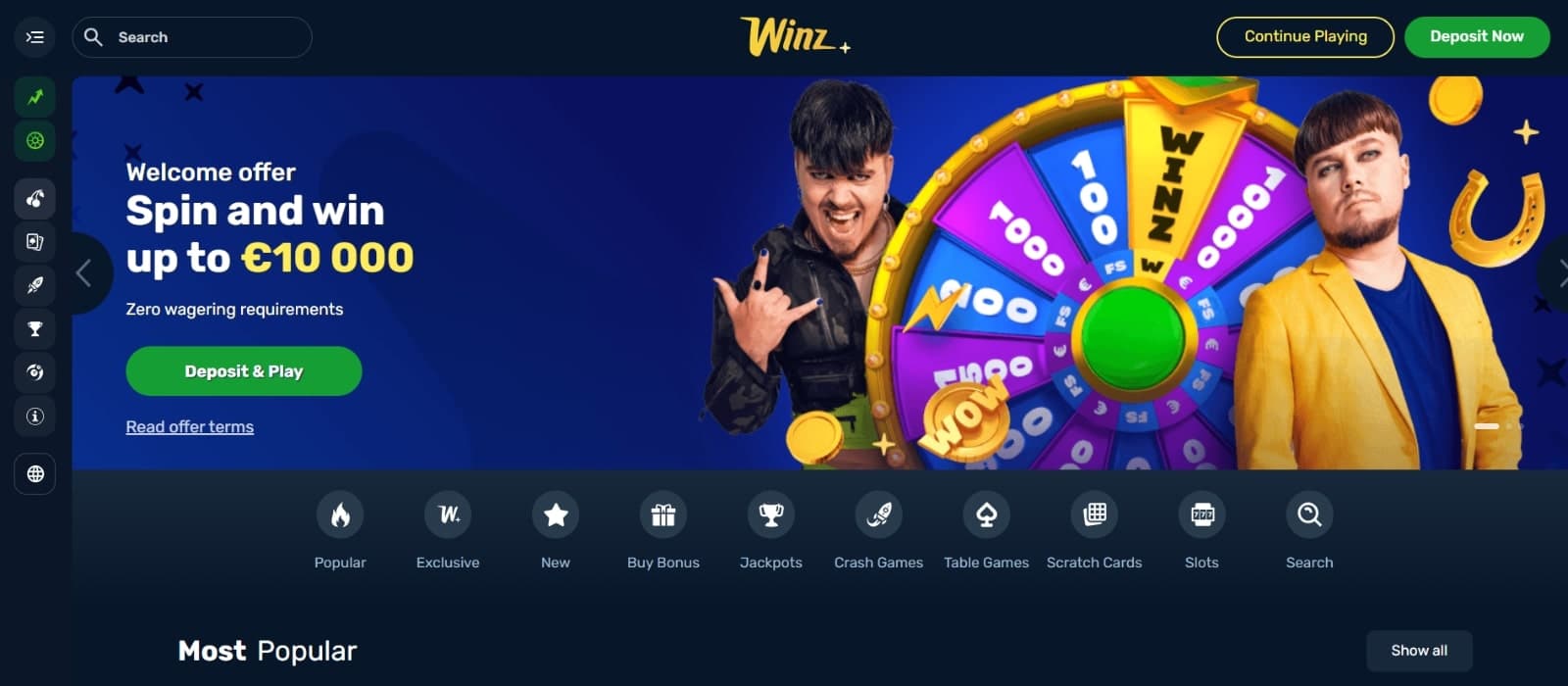 Winz.io Casino landing page featuring the welcome offer of up to 10,000 euros with prize wheel image presented by a man with a bowl cut