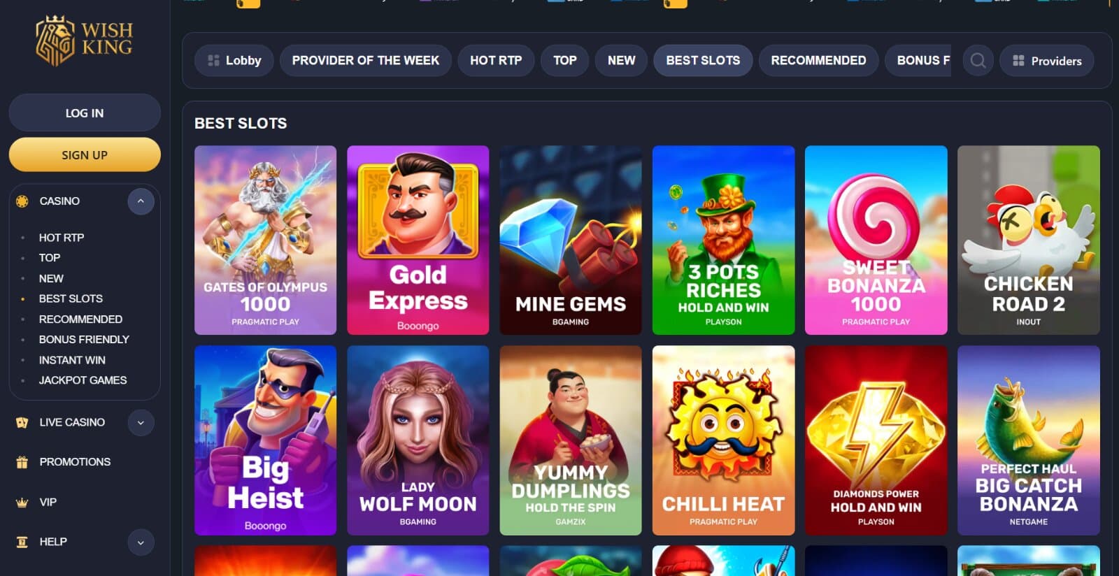 WishKing Casino's game page displaying the slot and table categories above game icons