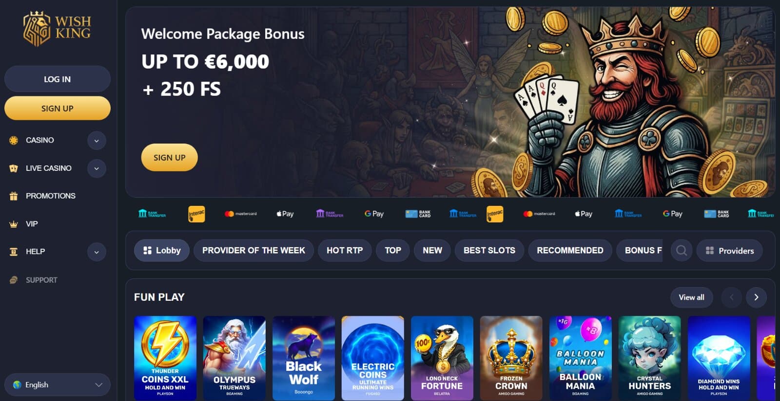 WishKing Casino's landing page featuring the welcome package with banner ok king character above game categories and slot images