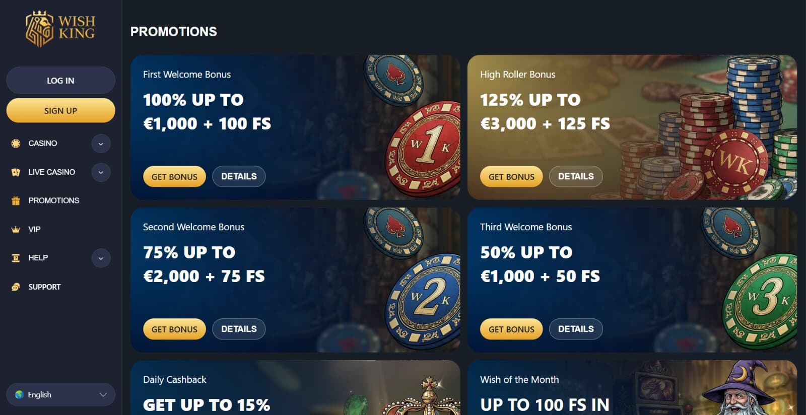 WishKing Casino's promotions page featuring the welcome bonus, high roller bonuses, reload and VIP offers