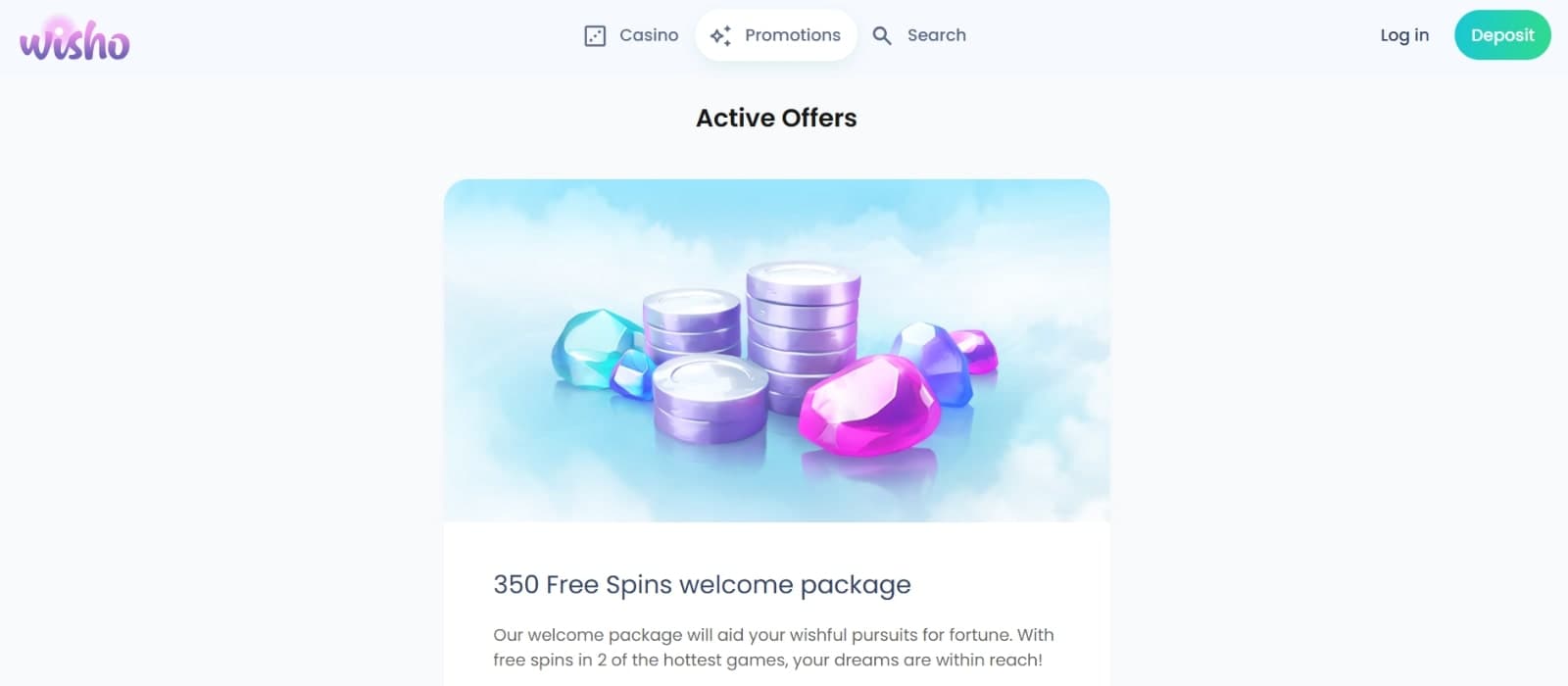 Wisho Casino's promotions page featuring the 350 free spins welcome package and other active offers
