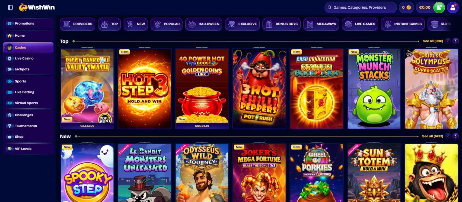 WishWin Casino games page featuring the slot icons selection, under table game, instant win, and other slot categories and search filters