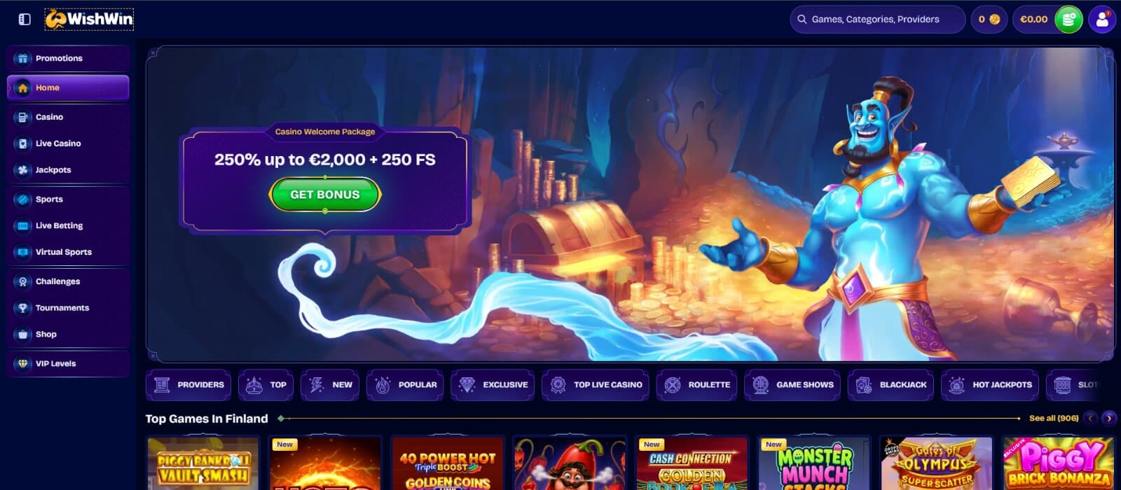 WishWin Casino Landing Page featuring the welcome bonus package with genie banner image, game tab categories, and top slot games section