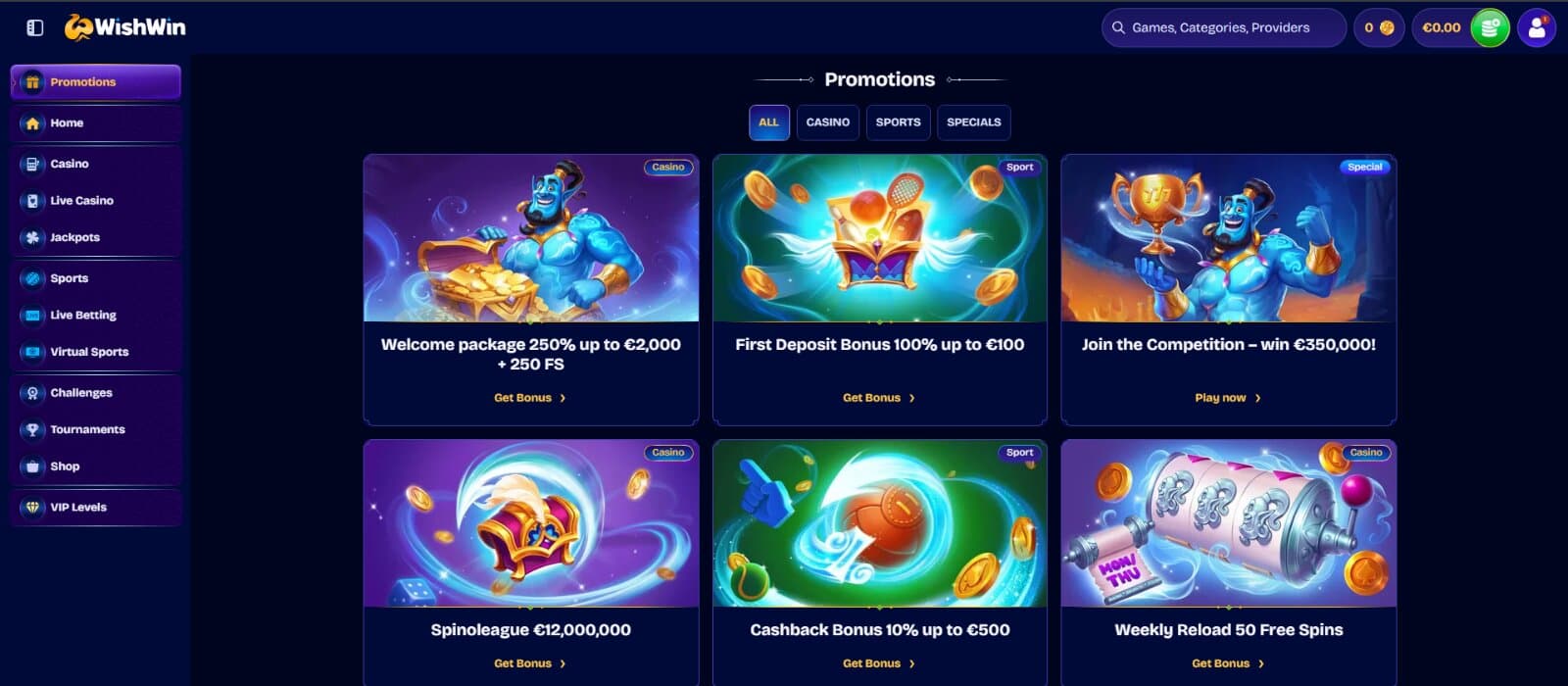 WishWin Casino Promotions Page featuring the welcome bonus, cashback bonuses, and weekly reload bonuses