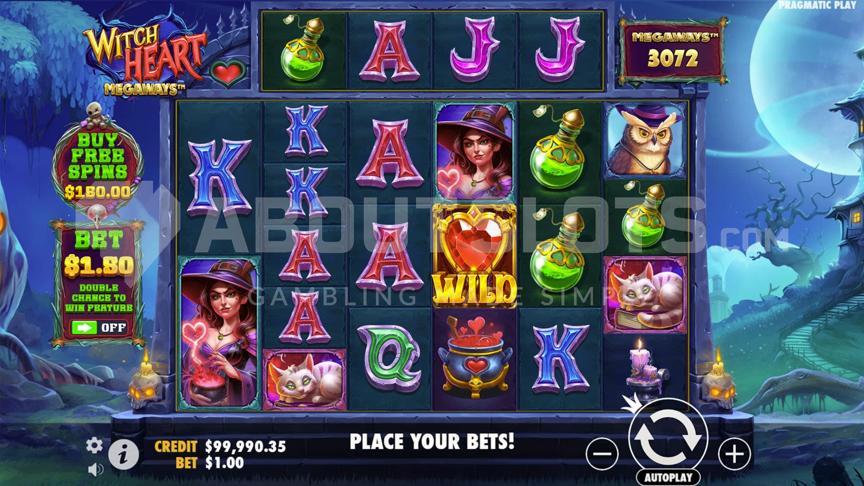 Base Game view of a 6-reel Megaways grid with alternating amount of symbols per column set on a backdrop of an enchanted land.