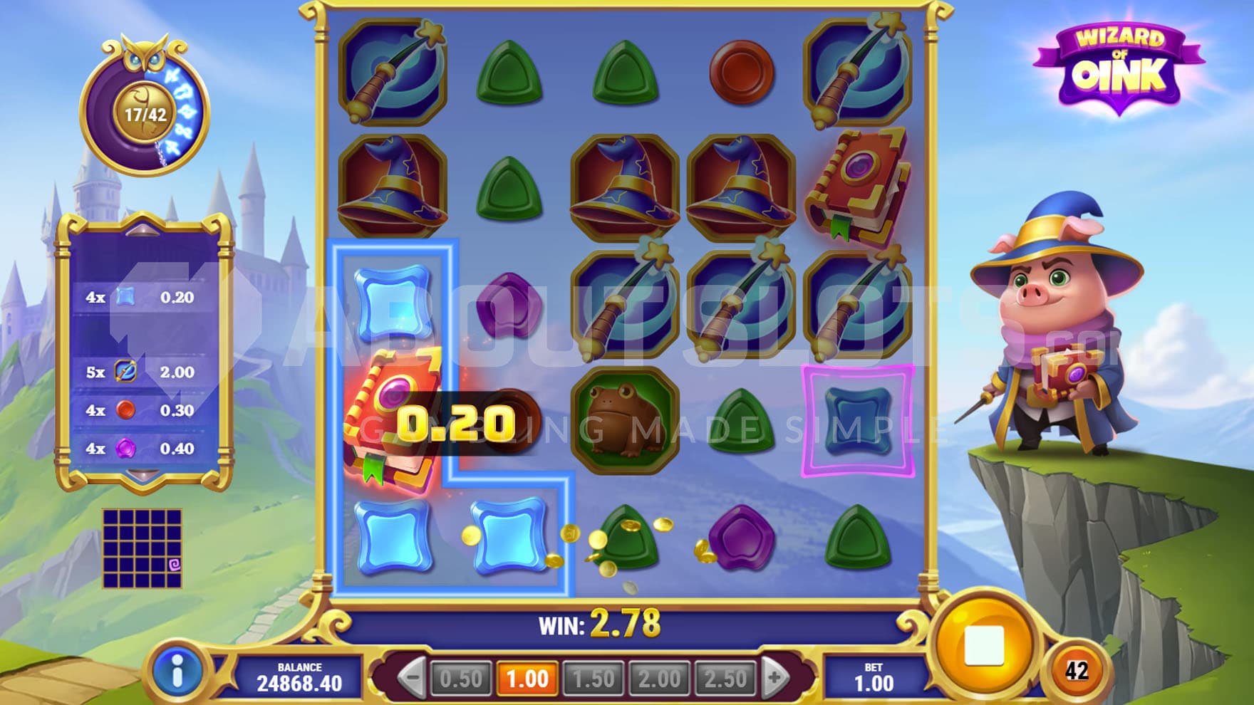 Base Game view of a 5x5 grid on a backdrop of cartoony land with a castle on a hill and the pig wizard standing on the ridge.