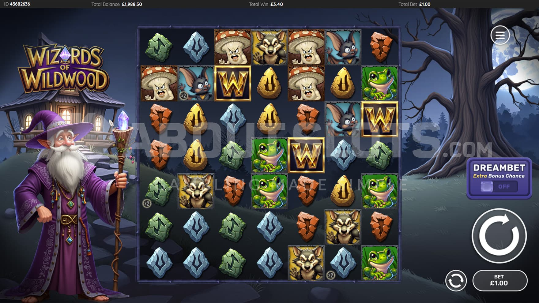 Base Game view of a 7x7 grid on a backdrop of a magical land with a single hut standing on a hill and a wizards on the left.