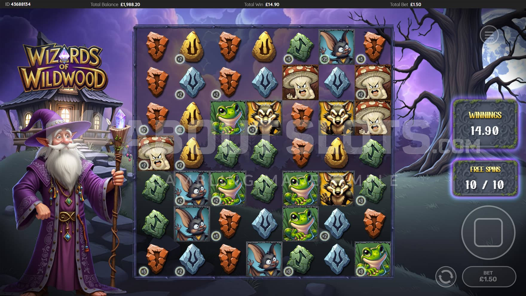 Free Spins bonus in progress, showing multiple grid positions with increased multipliers.