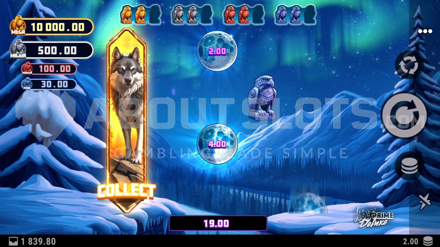 A full size wolf symbol on the first reel and cash symbols on the third.