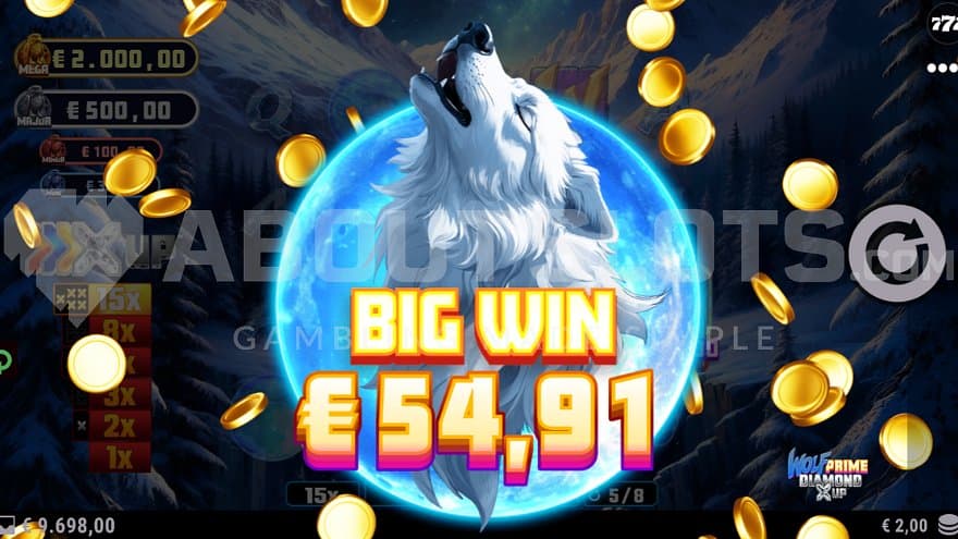 A wolf howling in front of a moon.