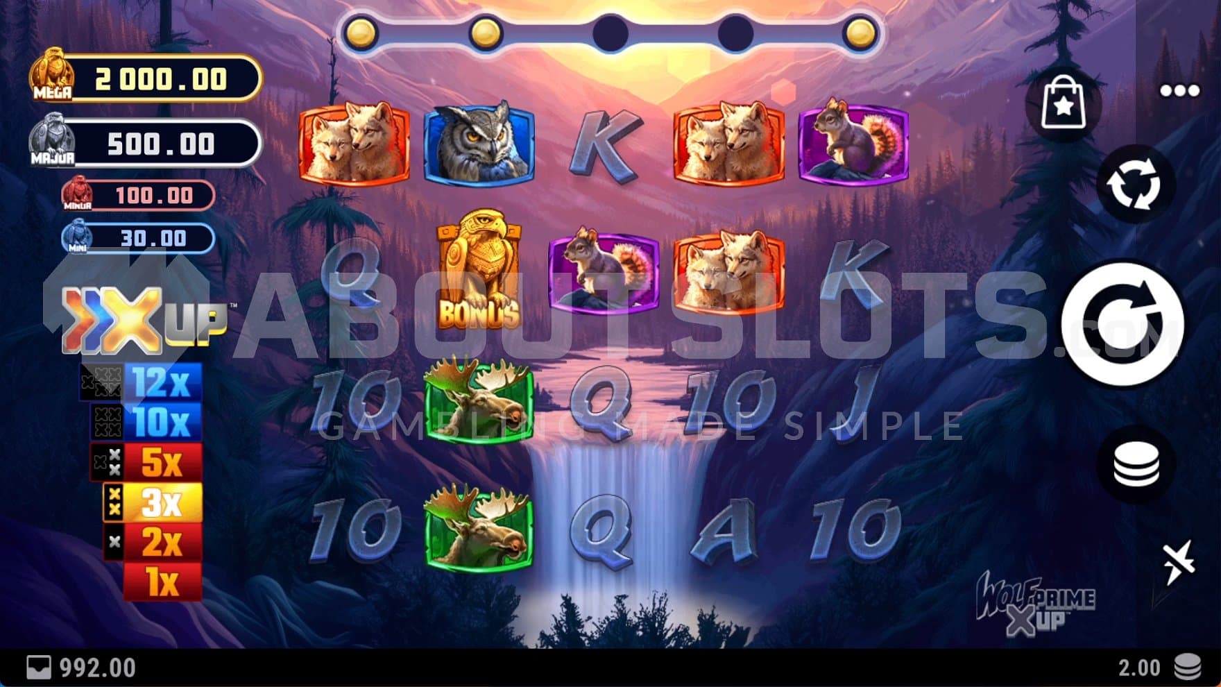 A casino slot with five reels in a remote winter landscape.