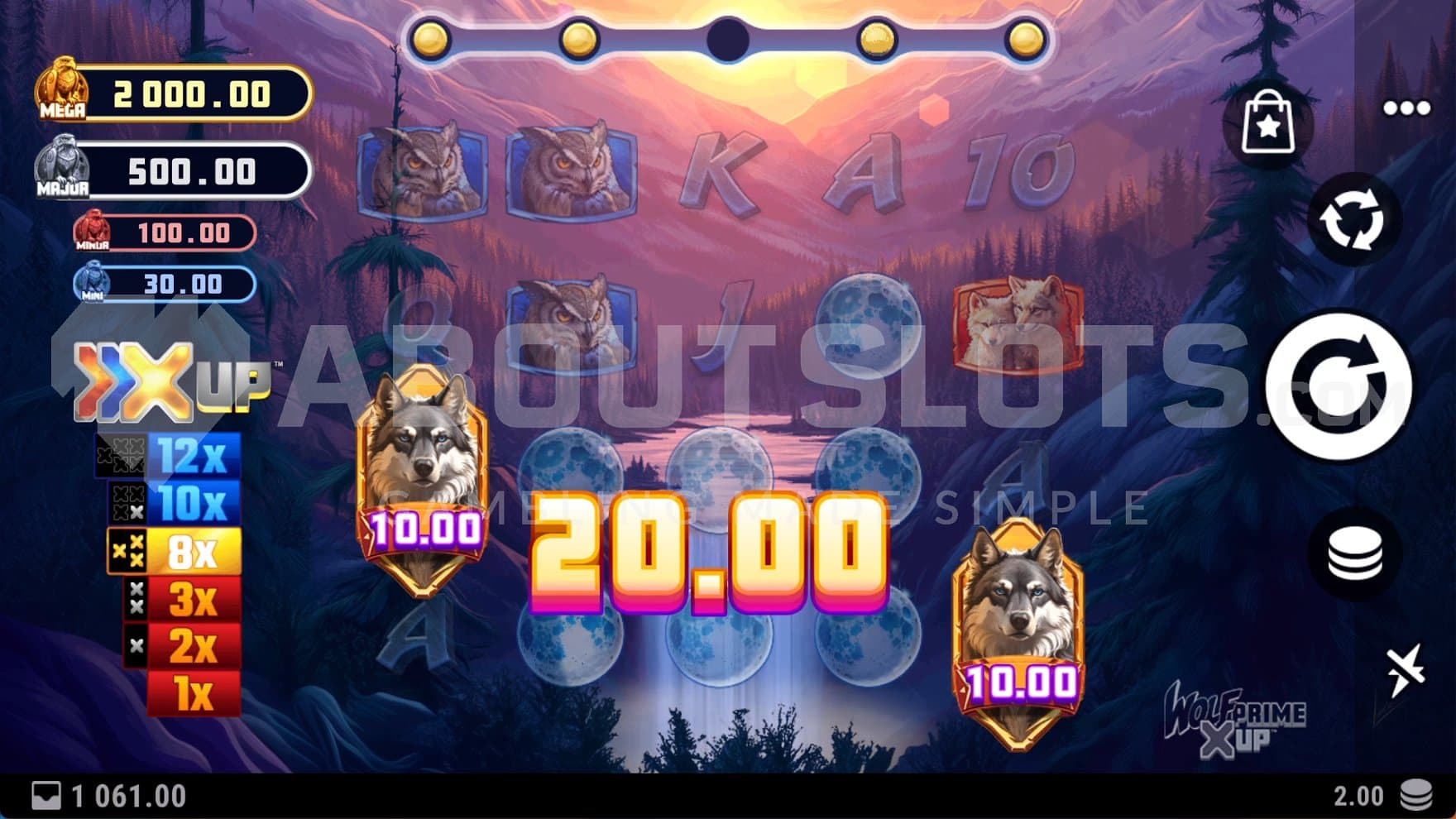 Two wolf symbols of 5x each are collected.