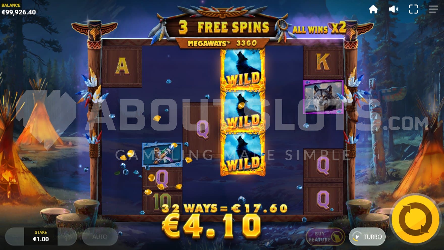 A win with Wild Stacked Symbols on the fourth reel.