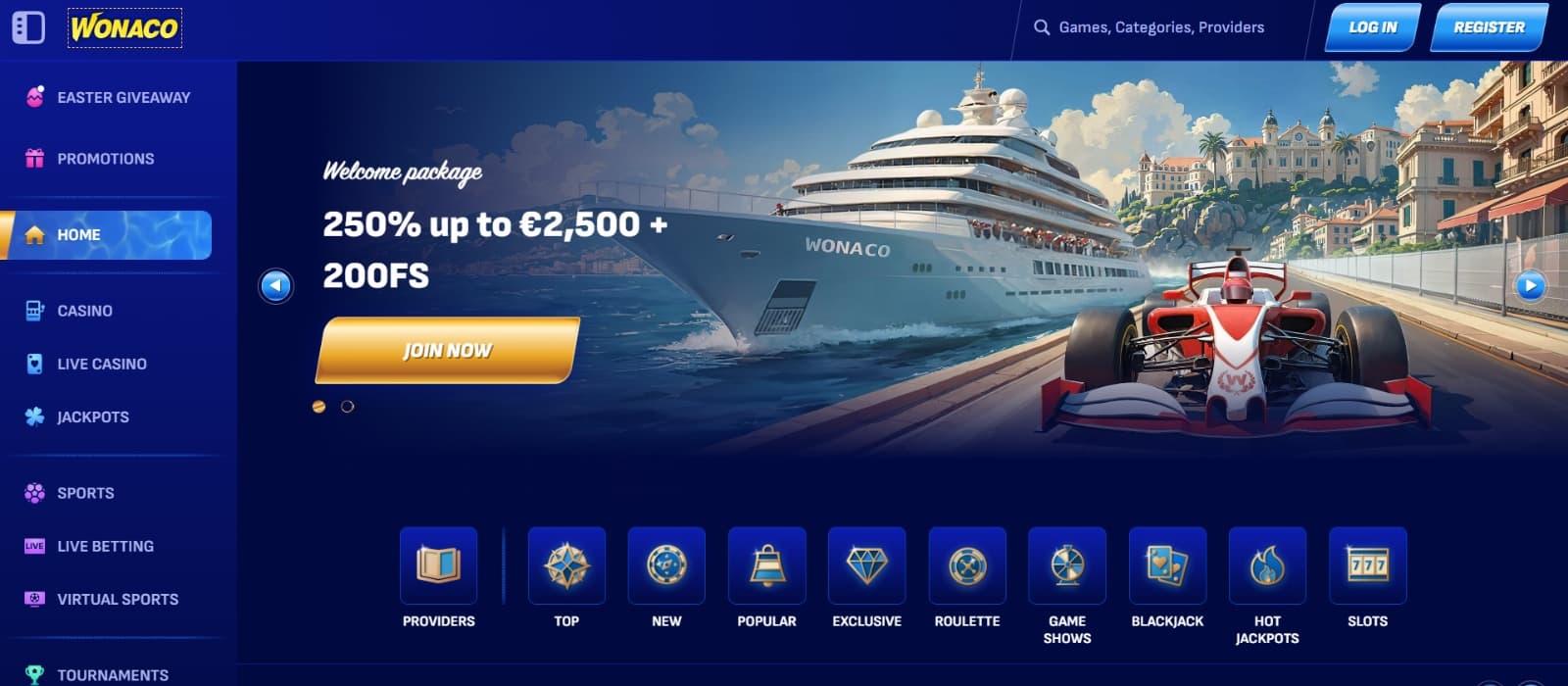 Wonaco Casino landing page with Monaco inspired banner with 2500 eur welcome bonus
