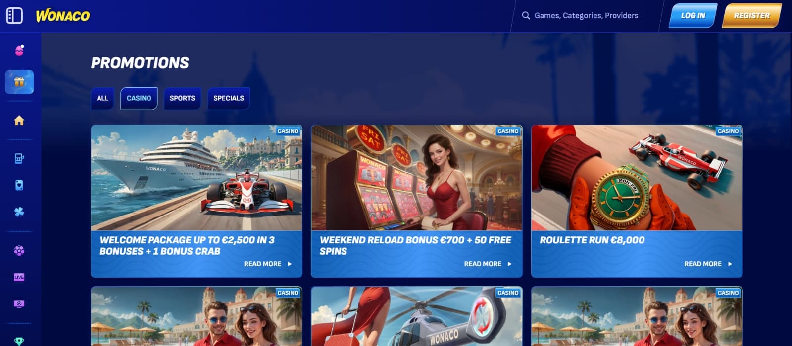 Wonaco Casino promotions page with welcome bonus, weekend reload and roulette run with Monaco inspired images