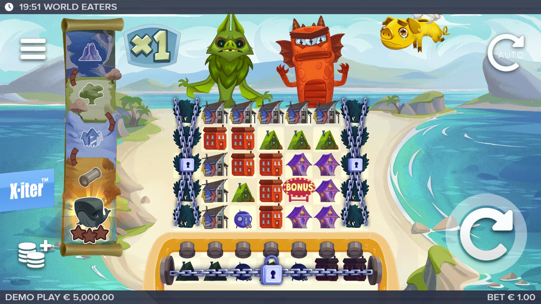 Base Game view of a 5x5 grid on a backdrop of a natural cartoon landscape.