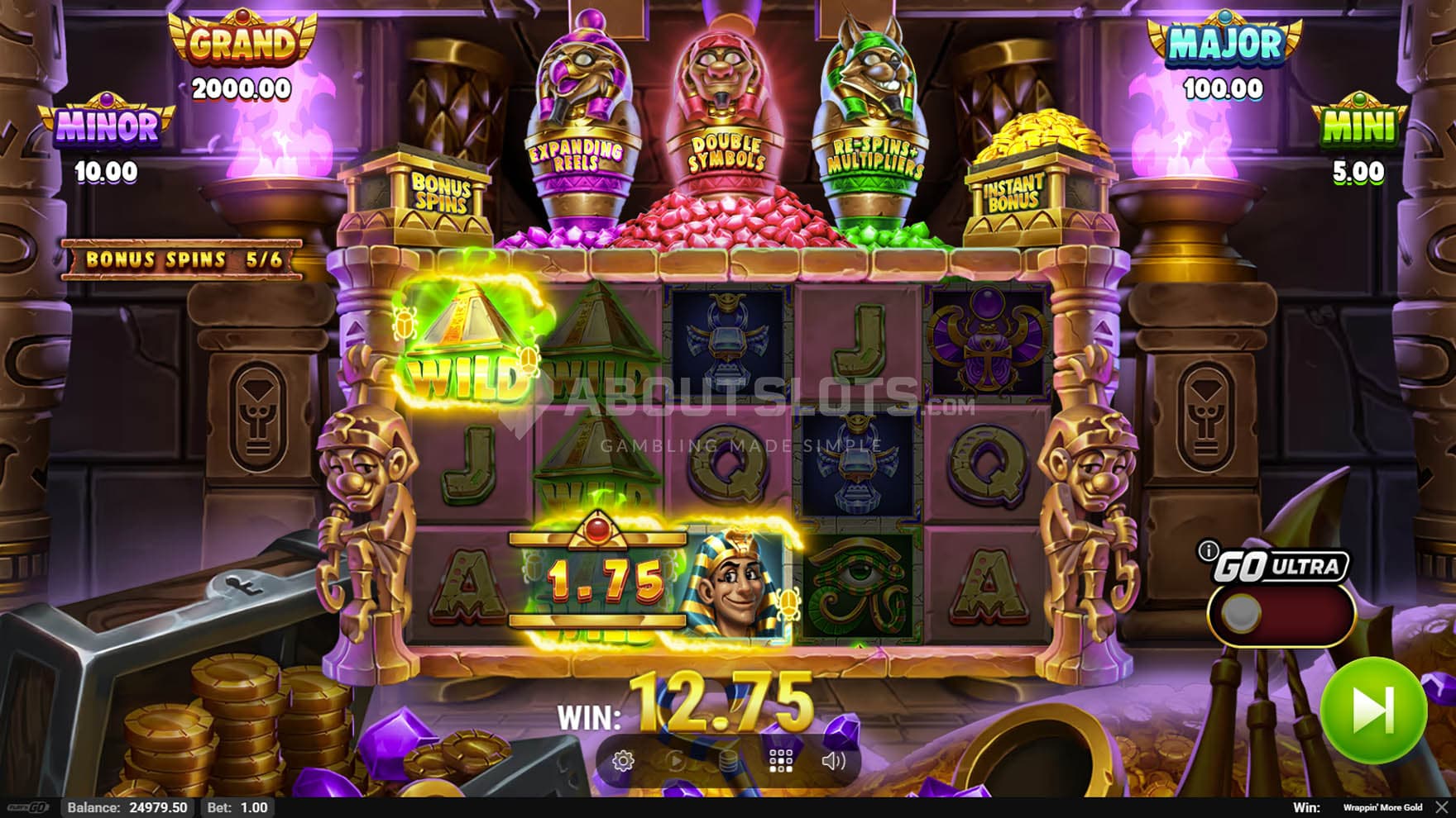 Bonus Spins in progress, showing a win created with Wild symbols.