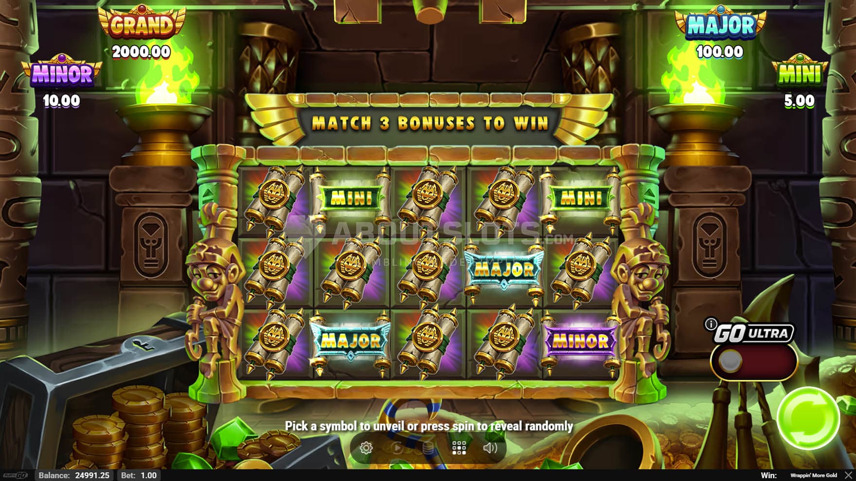 Instant Bonus in progress, showing jackpot prizes on the grid.
