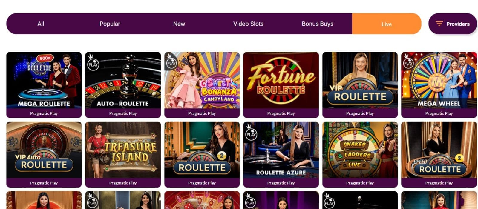 Wunderwins Casino's live games section, showing variations of roulette.