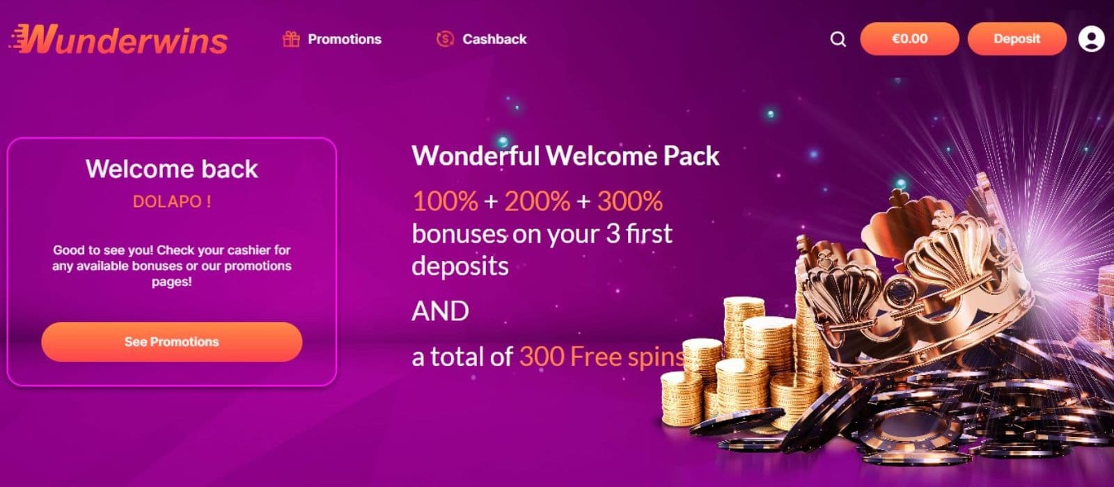 Wunderwins Casino's homepage, showing the welcome bonus package besides stack of coins.