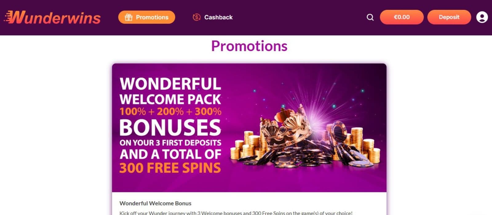 Wunderwins Casino's promotions page, showing the triple welcome bonus package.