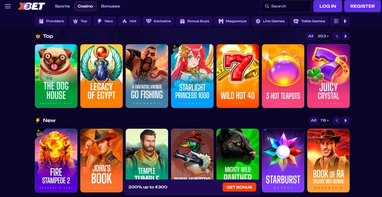 X3Bet Casino's games page featuring the top and newest slots such as Starlight princess 1000 and the Dog House, with category tab above icons